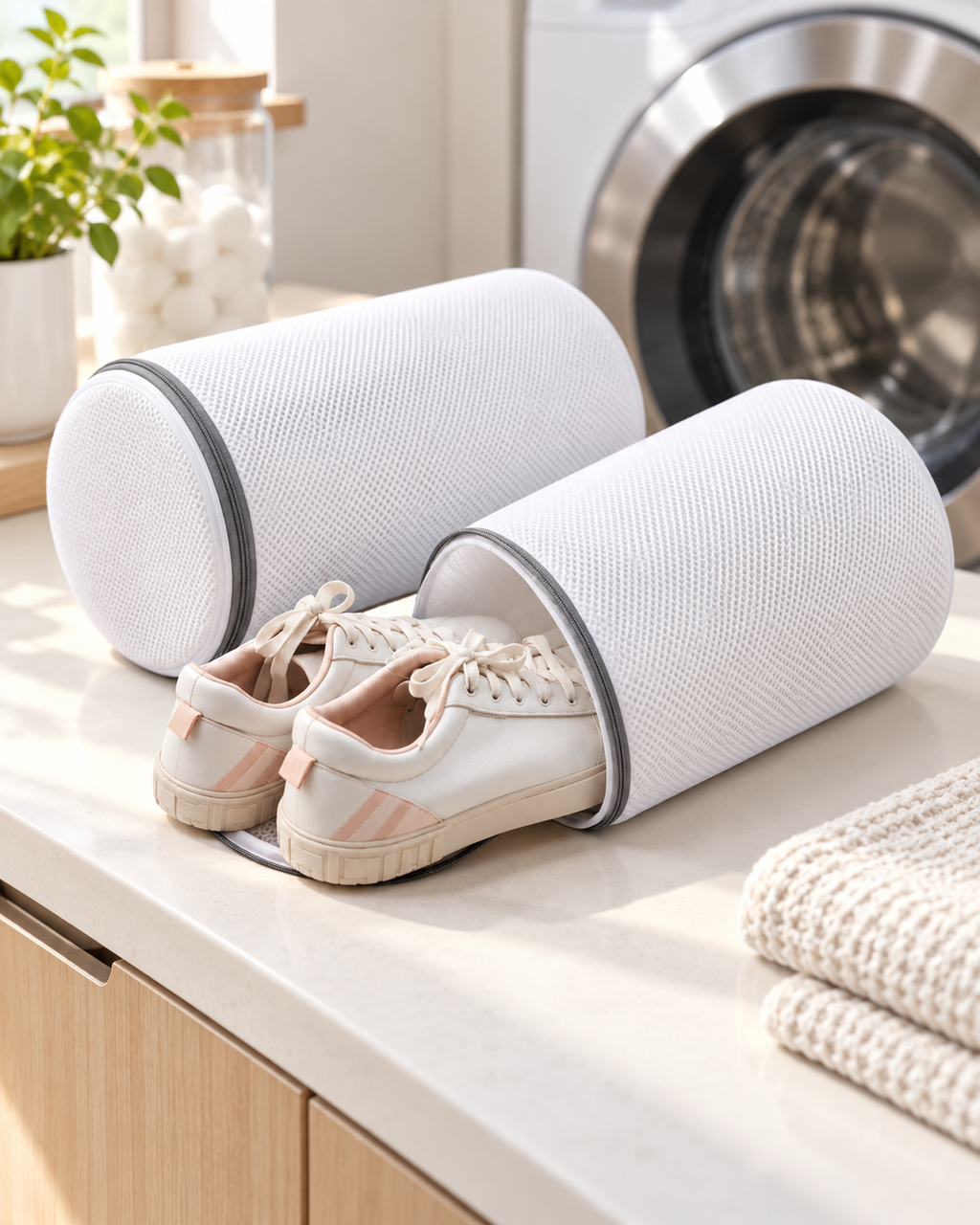 Sneaker wash bags in a bright minimalist laundry room