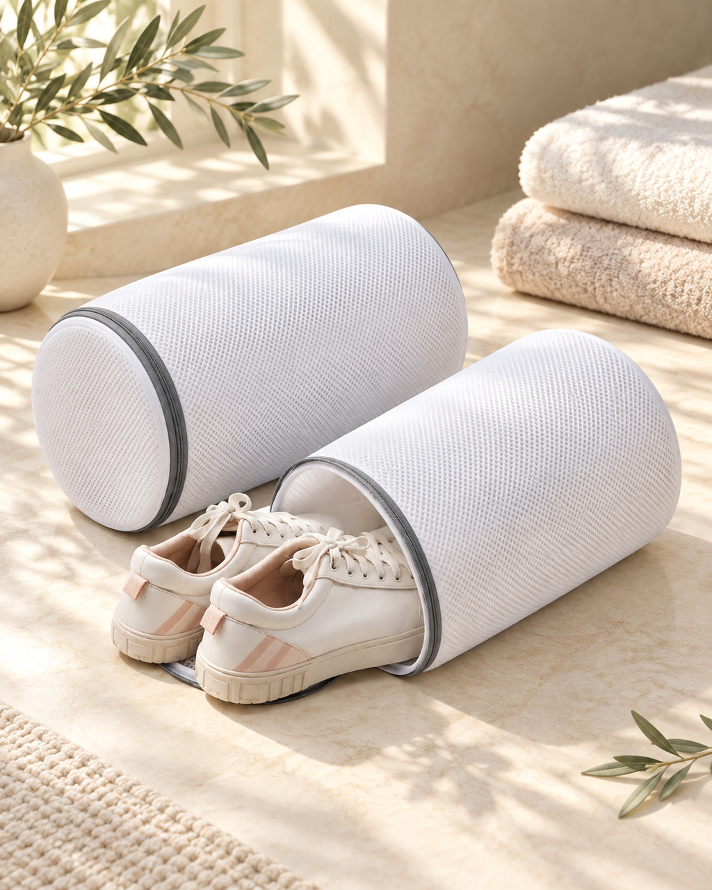 White sneaker wash bags in a warm sunlit laundry setting